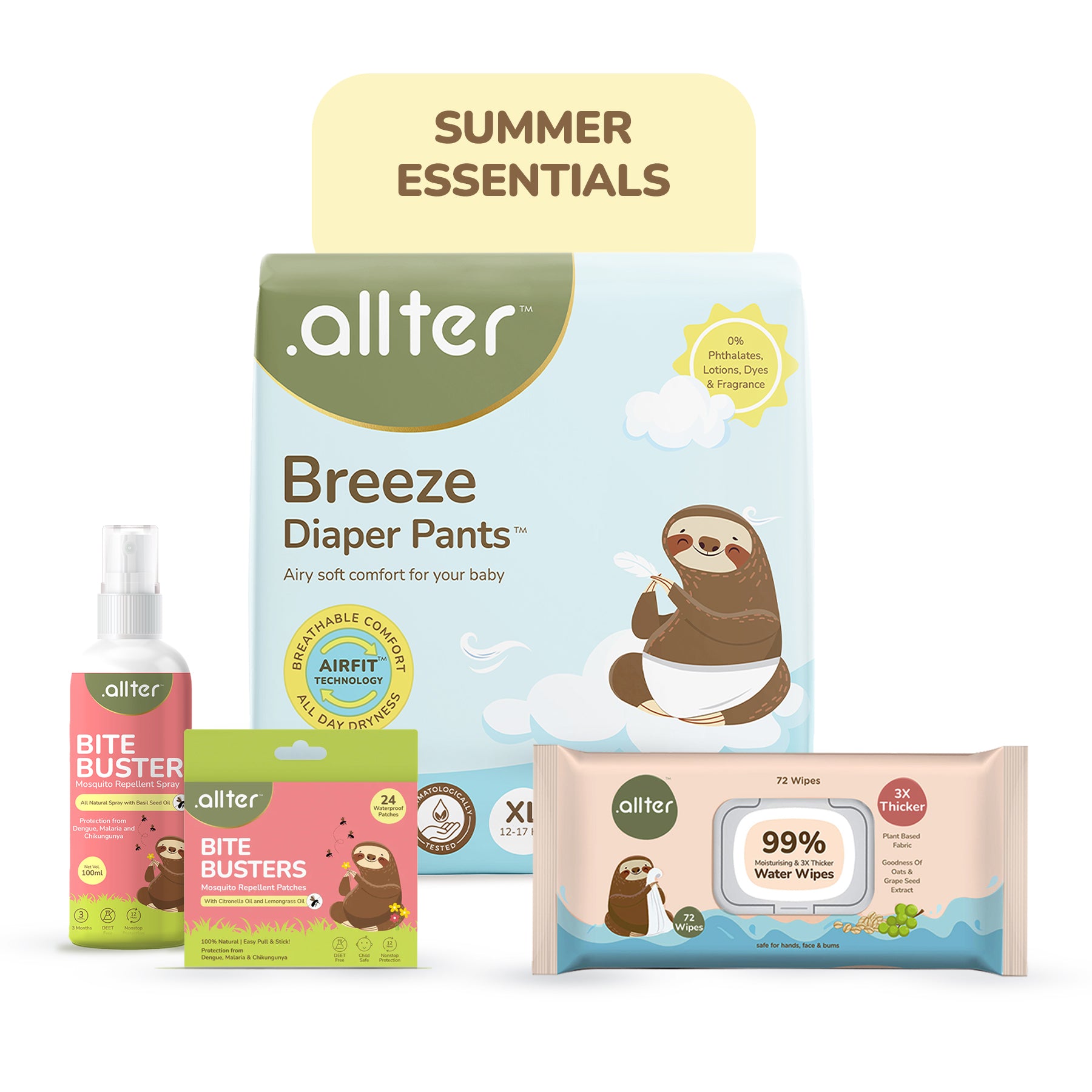 Summer Essentials Combo: Breeze Diapers, 99% Water Baby Wipes & Bite Buster Duo (Pack of 4)