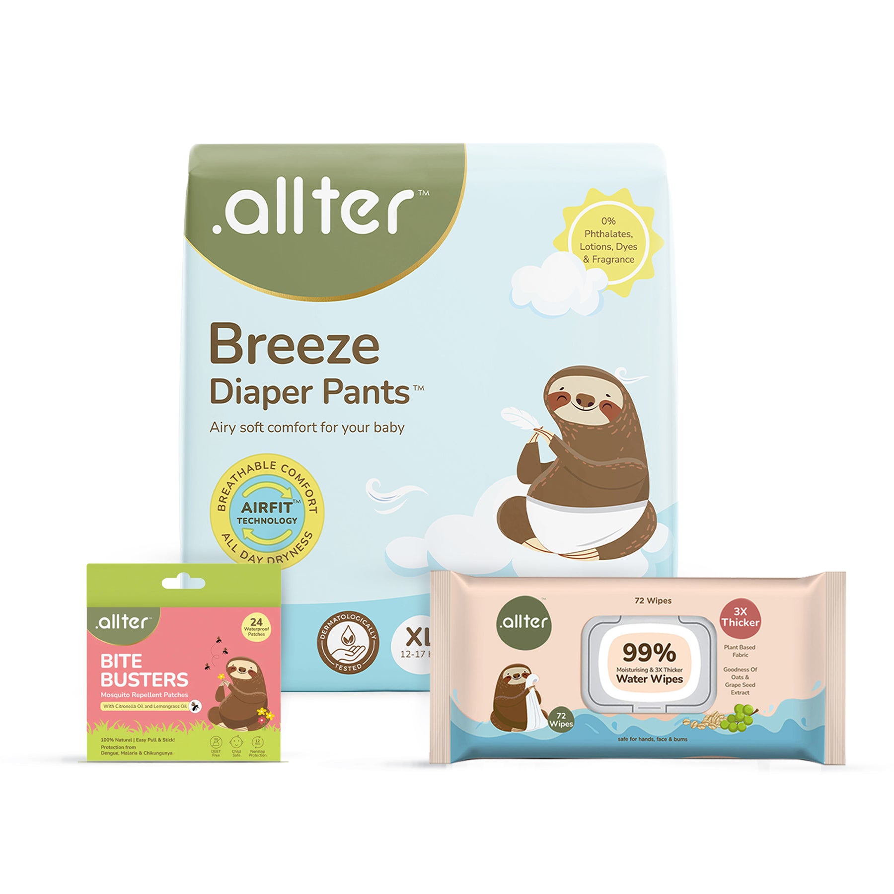 Baby Essentials Combo : Breeze Diaper Pants & 99% Baby Wipes & Mosquito Patches (Pack of 3)