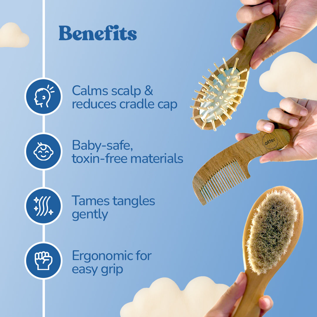 .allter Baby Hairbrush, Paddle Brush & Neem Comb – Set of 3